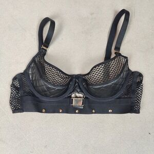 Honey Birdette Serena Bra Womens 34C Black Fishnet Mesh Buckle Studded
